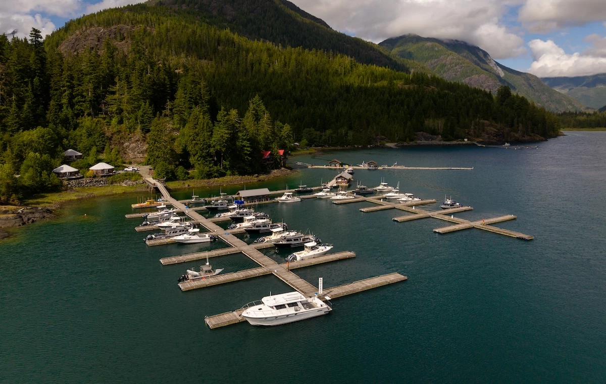 An aerial view of the Marina at Moutcha Bay Resort featuring a tranquil marina with several boats docked, surrounded by lush greenery and mountains, under a partly cloudy sky.